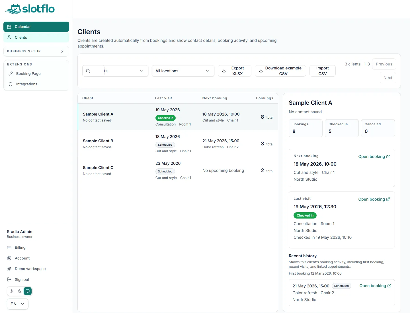 SlotFlo client records workspace with sample client activity
