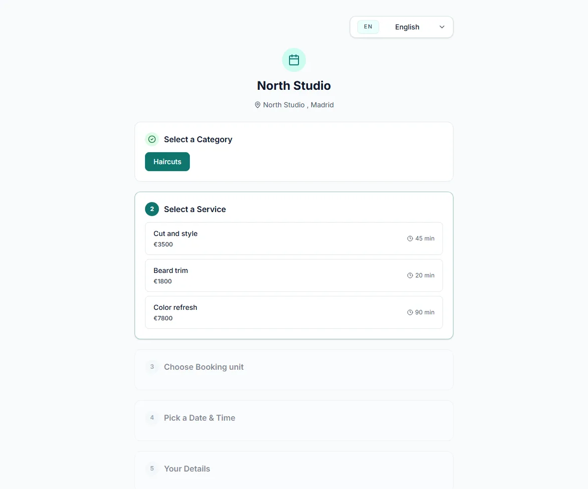 SlotFlo public booking page with sample service selection