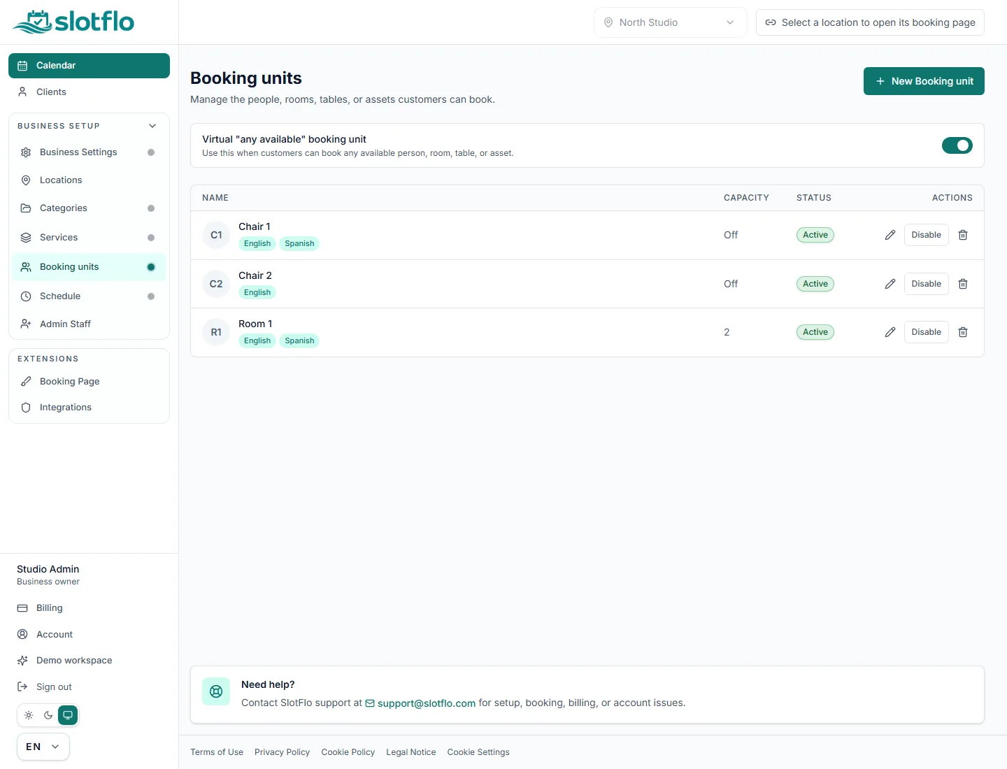 SlotFlo resources workspace with sample bookable units