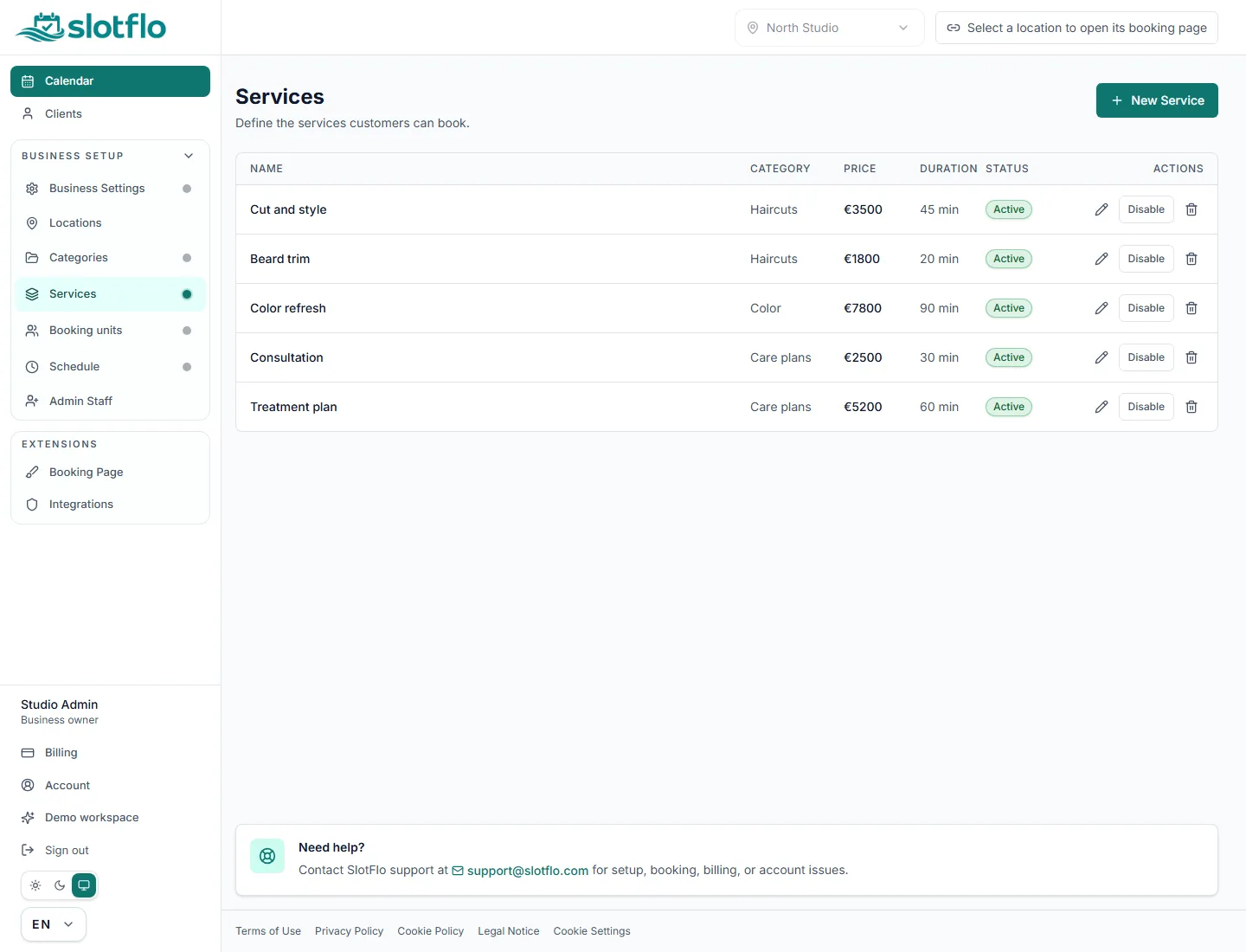 SlotFlo services catalog with sample service configuration